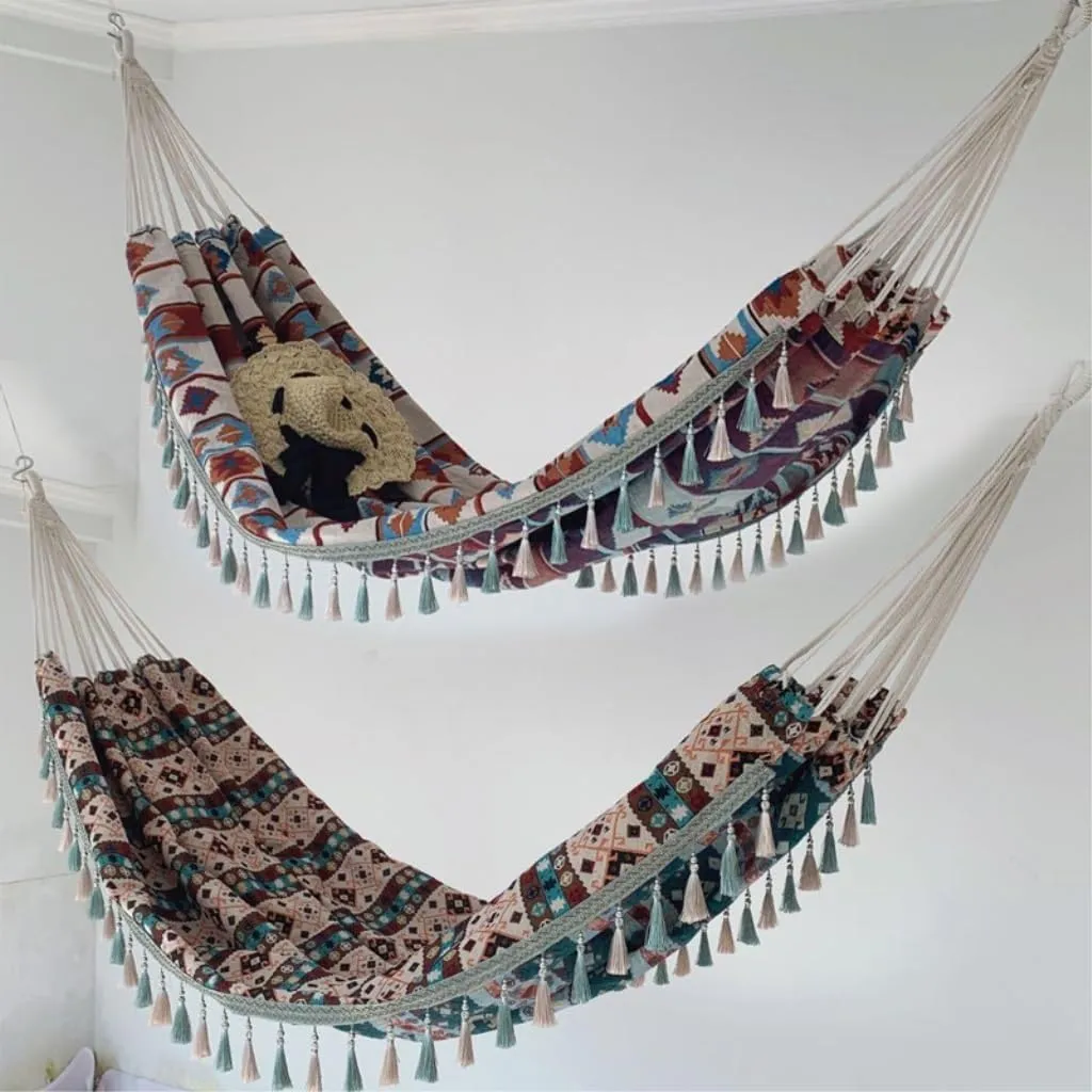Hammock Double Outdoor Jacquard Retro Geometric Nordic Canvas Double Plus Size Hammock Outdoor Indoor Camping Portable Hammock Outdoor(B)