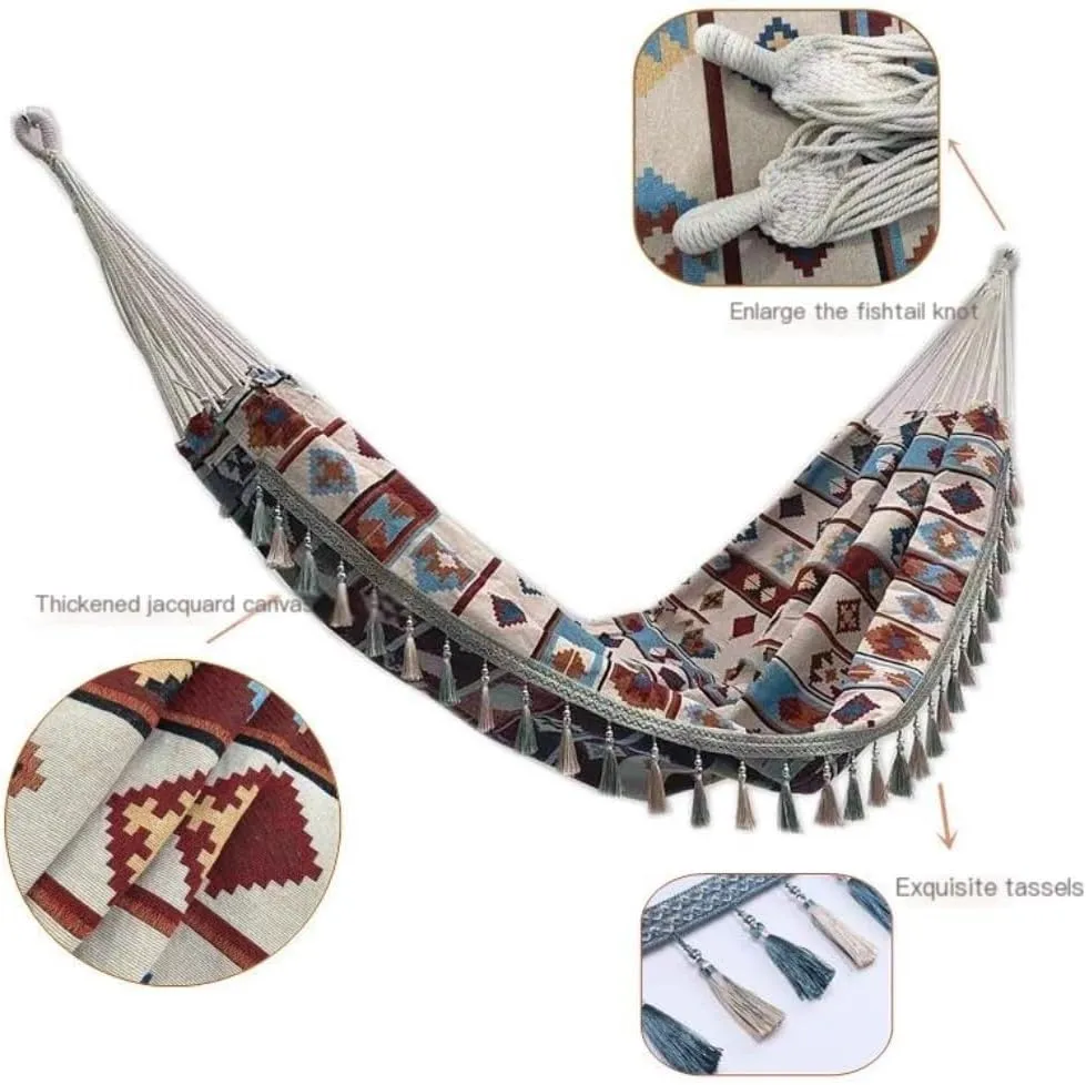 Hammock Double Outdoor Jacquard Retro Geometric Nordic Canvas Double Plus Size Hammock Outdoor Indoor Camping Portable Hammock Outdoor(B)