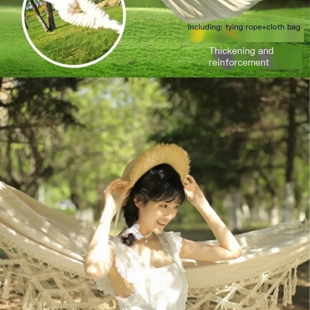 Hammock Double Outdoor Rocking Chair Camping Wind Tassel Hammock Summer Anti-Rollover Canvas Picnic with Independent Station Hammock Outdoor(A)