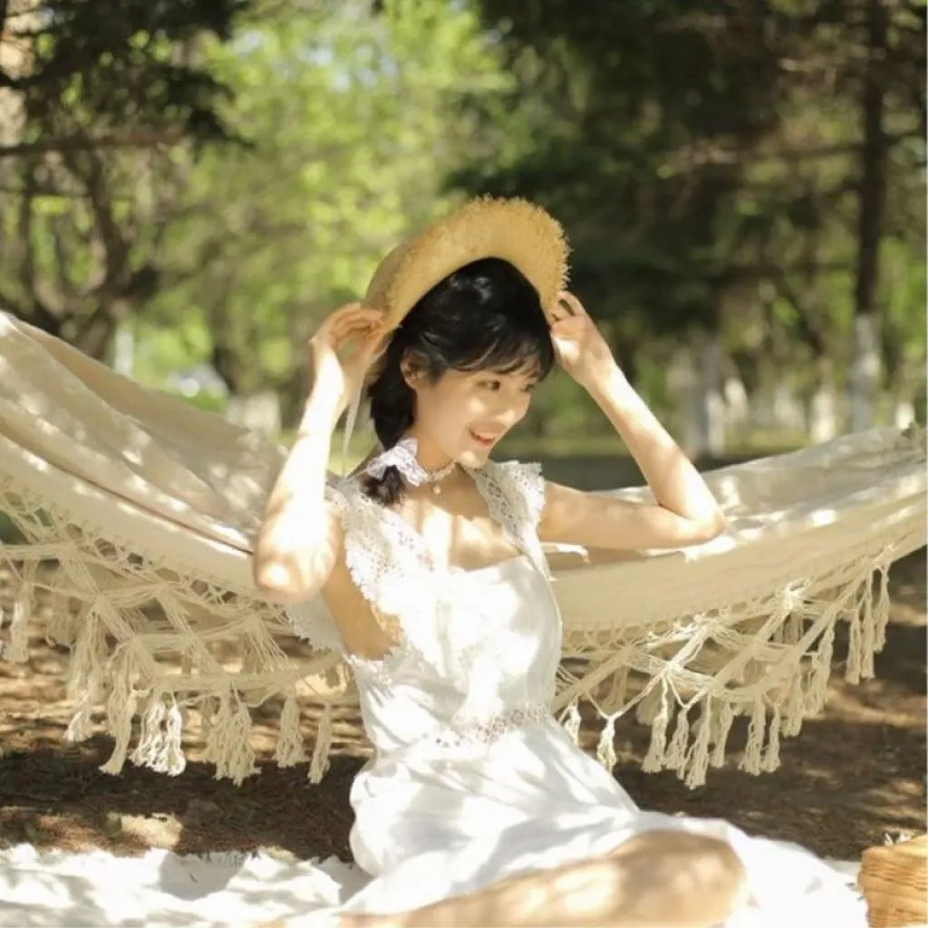 Hammock Double Outdoor Rocking Chair Camping Wind Tassel Hammock Summer Anti-Rollover Canvas Picnic with Independent Station Hammock Outdoor(A)