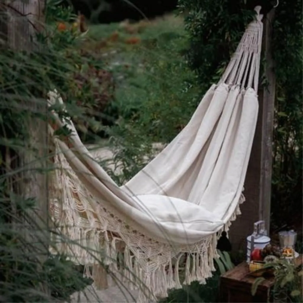 Hammock Double Outdoor Rocking Chair Camping Wind Tassel Hammock Summer Anti-Rollover Canvas Picnic with Independent Station Hammock Outdoor(A)