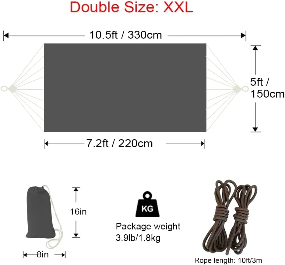 Hammock Outdoor 2 People 220x150cm Total Length 330cm Load 300kg Canvas Cotton Hammock for Garden Indoor Children Balcony Dark Gray XXL