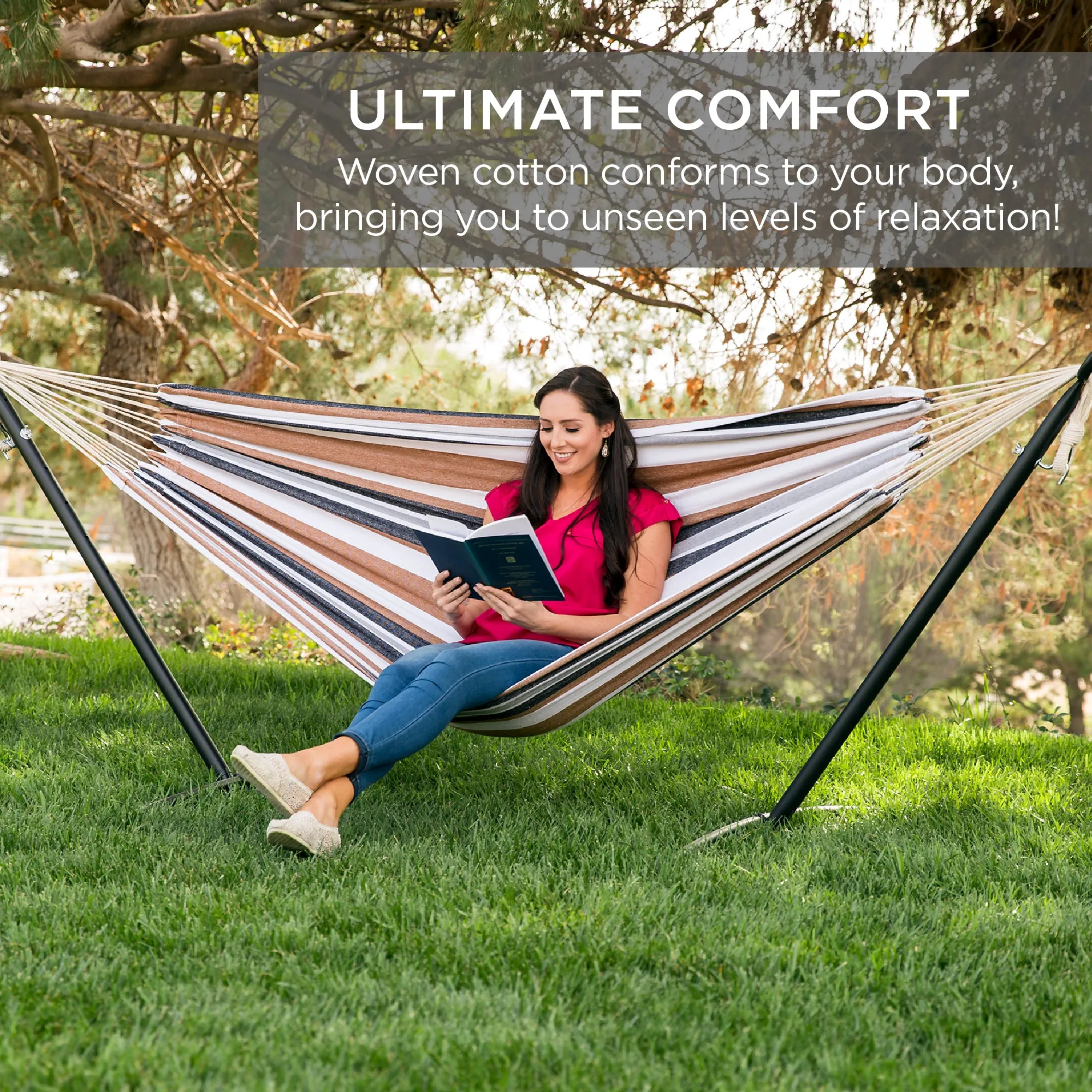 Hammock ,SKONYON 2-Person Brazilian-Style Cotton Double Hammock Bed w/ Carrying Bag, Steel Stand, Desert Stripes