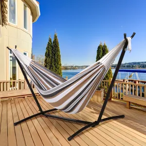 Hammock ,SKONYON 2-Person Brazilian-Style Cotton Double Hammock Bed w/ Carrying Bag, Steel Stand, Desert Stripes