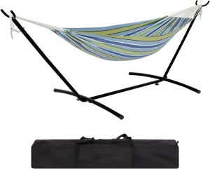 Hammock with Heavys Duty Stand – 500 LBS Capacity, Portable Hammock Set for Outdoors, Patio, Garden, and Camping – Premium Cotton & Polyester Fabric, Includes Carrying Bag(Blue Stripe)