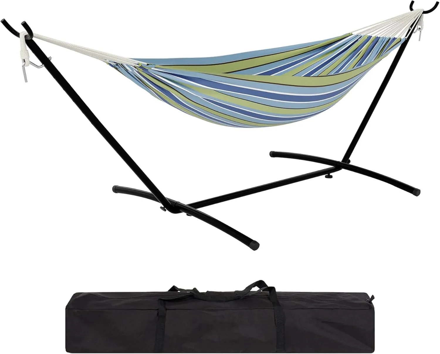 Hammock with Heavys Duty Stand – 500 LBS Capacity, Portable Hammock Set for Outdoors, Patio, Garden, and Camping – Premium Cotton & Polyester Fabric, Includes Carrying Bag(Blue Stripe)