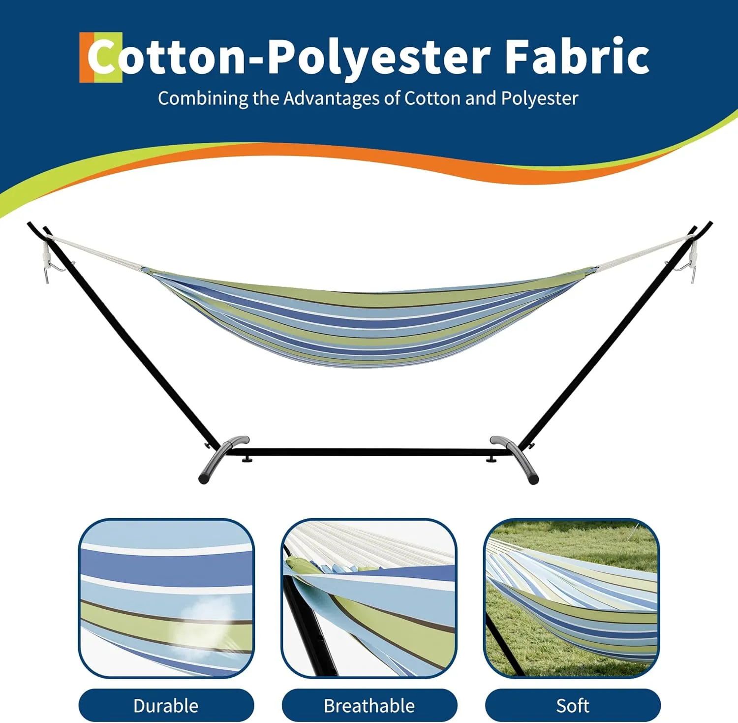 Hammock with Heavys Duty Stand – 500 LBS Capacity, Portable Hammock Set for Outdoors, Patio, Garden, and Camping – Premium Cotton & Polyester Fabric, Includes Carrying Bag(Blue Stripe)