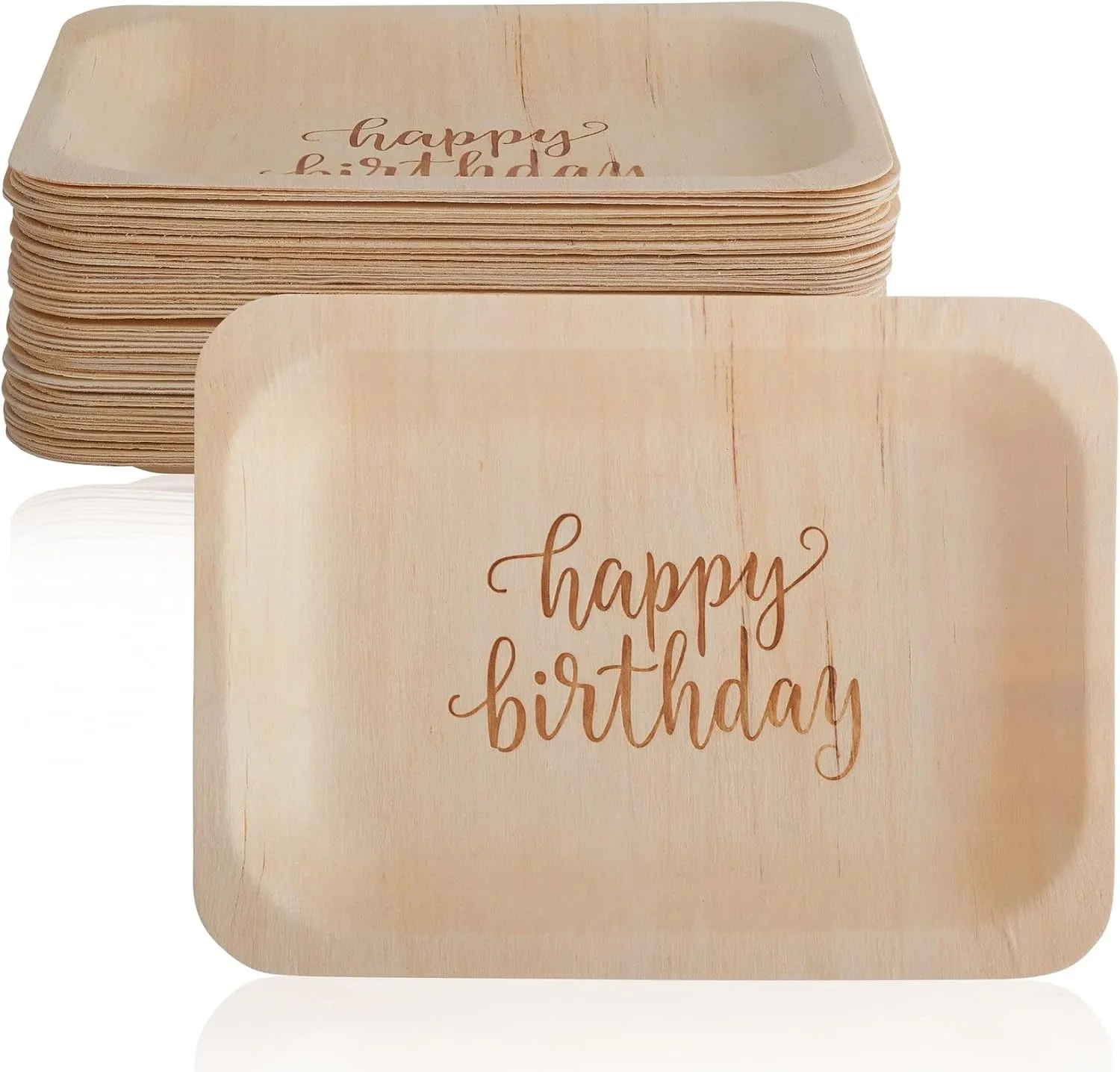 Happy Birthday Disposable Birthday Party Plates – Rustic, Compostable Alternative to Plastic Plates for Birthday Parties (Salad/Dessert, 50-Pack)