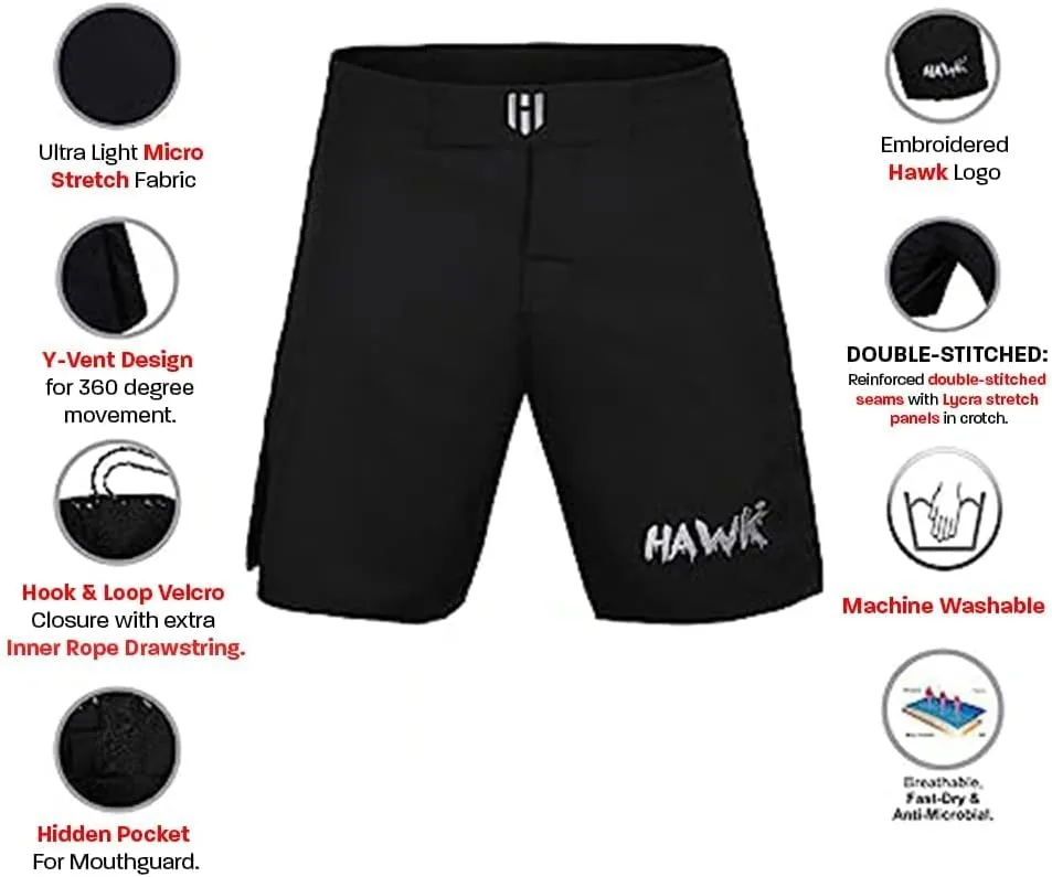 Hawk Sports Athletic Shorts for Men and Women, No Gi MMA Shorts for Boxing, Kickboxing, Jiu Jitsu, Muay Thai, and Wrestling.