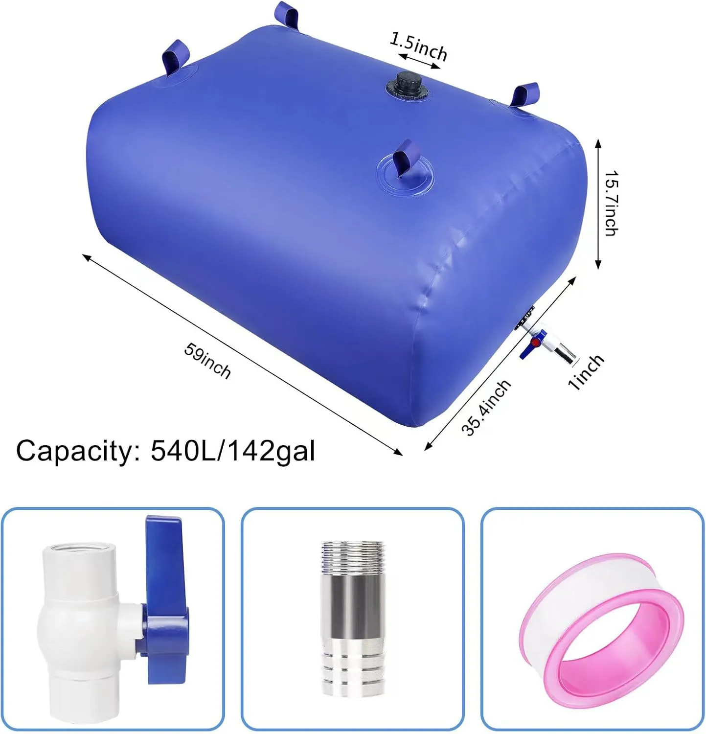 Heavy-Duty Water Storage Bladder - 142Gal/540L with Stainless Steel Fittings, Leak-Proof & Durable Cistern – Portable Tank for Emergency, Farming, Camping, and RV Use
