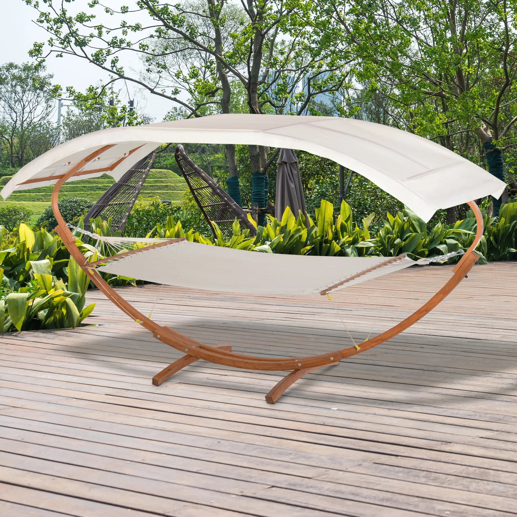 Heavy Duty Wooden Hammock with Extra Large Canopy, Boho Style Cotton Nap Bed in White