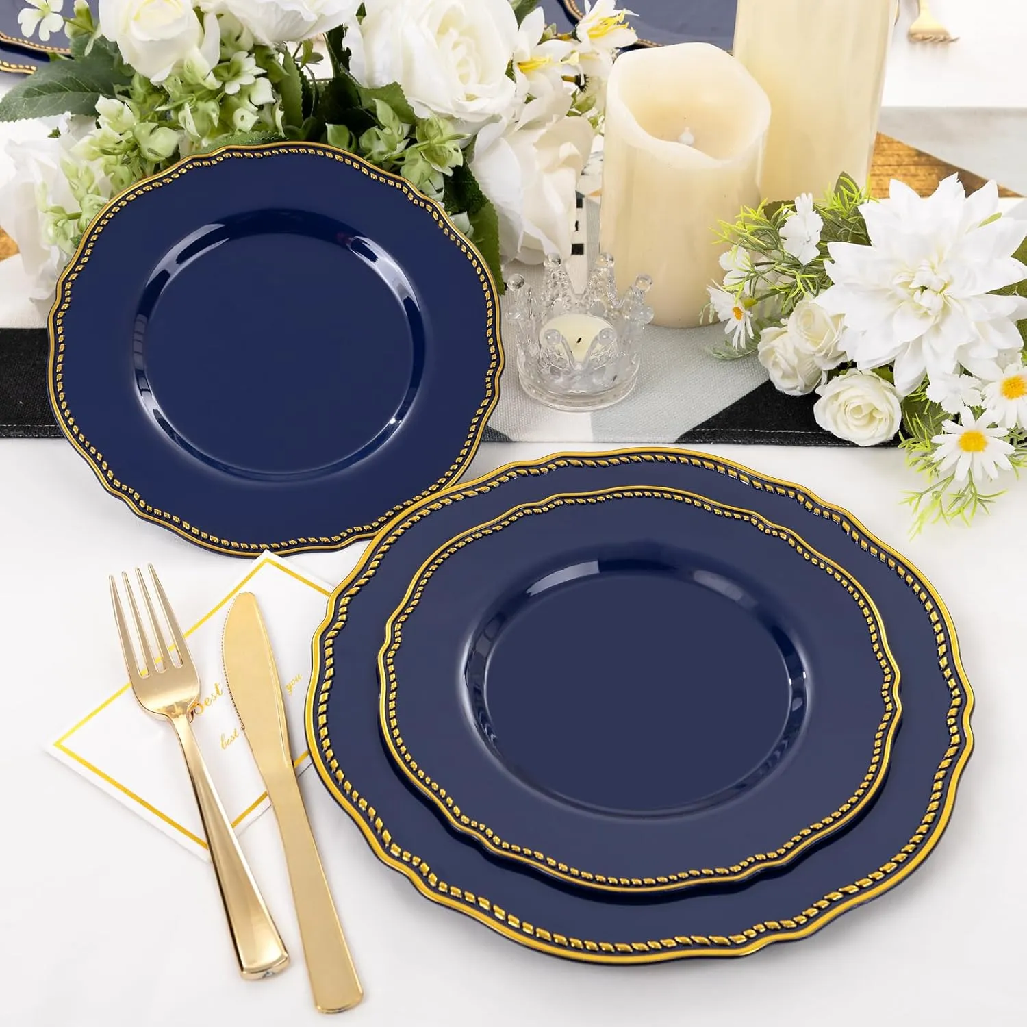 Hioasis 60pcs Blue plastic plates - Blue and Gold Disposable Plates, 10.25 inch Plastic Dessert Plates, Perfect for Wedding & Party & Holiday & Father's Day