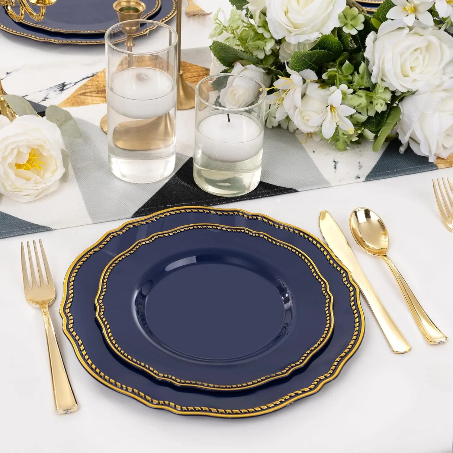 Hioasis 60pcs Blue plastic plates - Blue and Gold Disposable Plates, 10.25 inch Plastic Dessert Plates, Perfect for Wedding & Party & Holiday & Father's Day