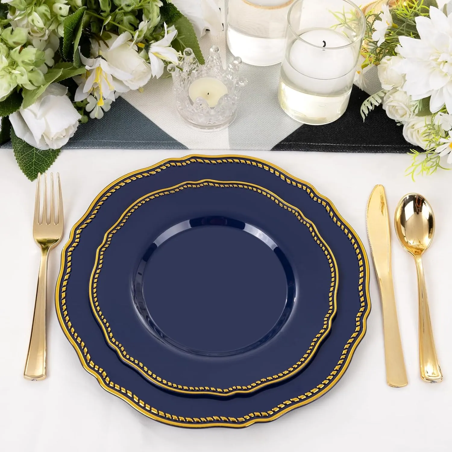 Hioasis 60pcs Blue plastic plates - Blue and Gold Disposable Plates, 10.25 inch Plastic Dessert Plates, Perfect for Wedding & Party & Holiday & Father's Day