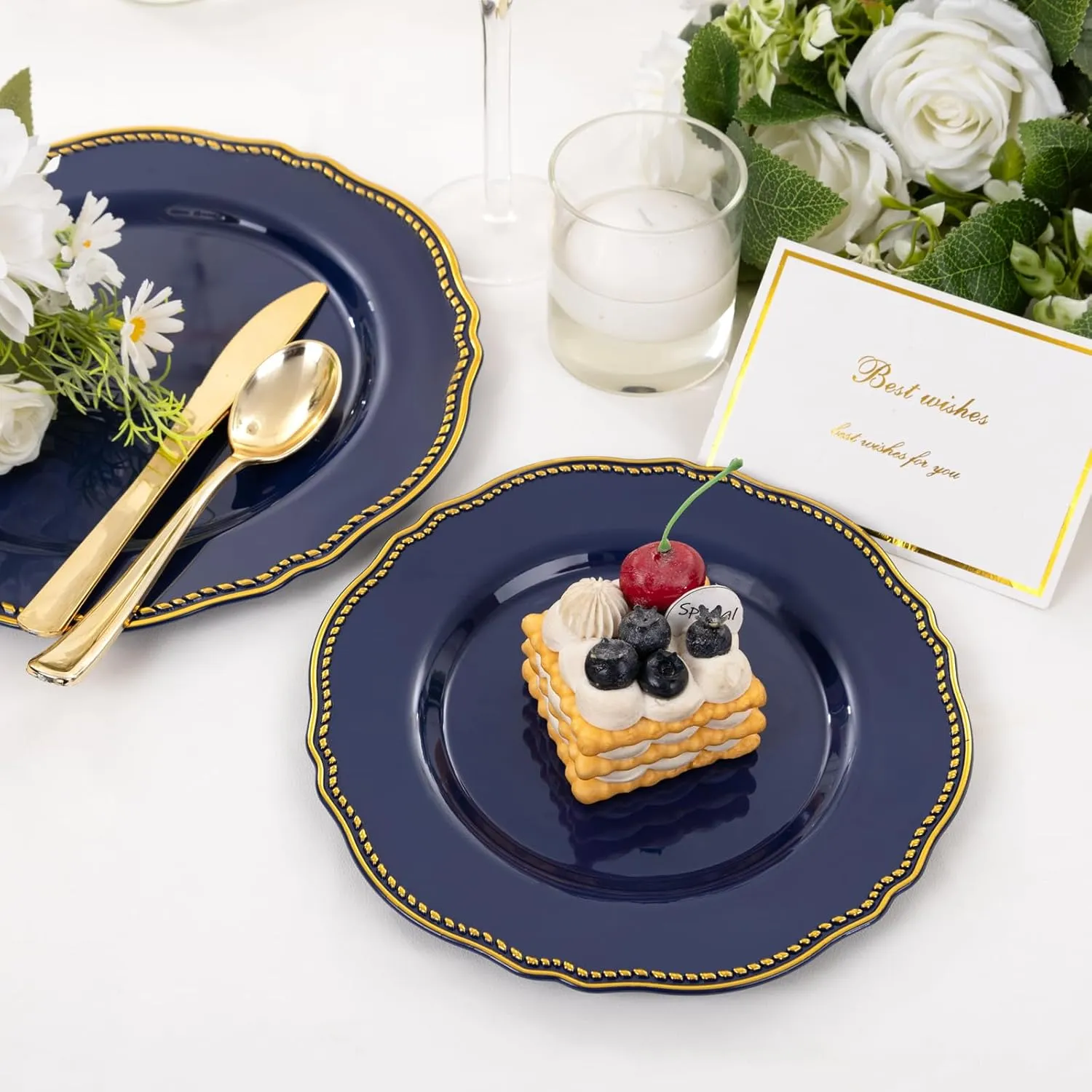 Hioasis 60pcs Blue plastic plates - Blue and Gold Disposable Plates, 10.25 inch Plastic Dessert Plates, Perfect for Wedding & Party & Holiday & Father's Day