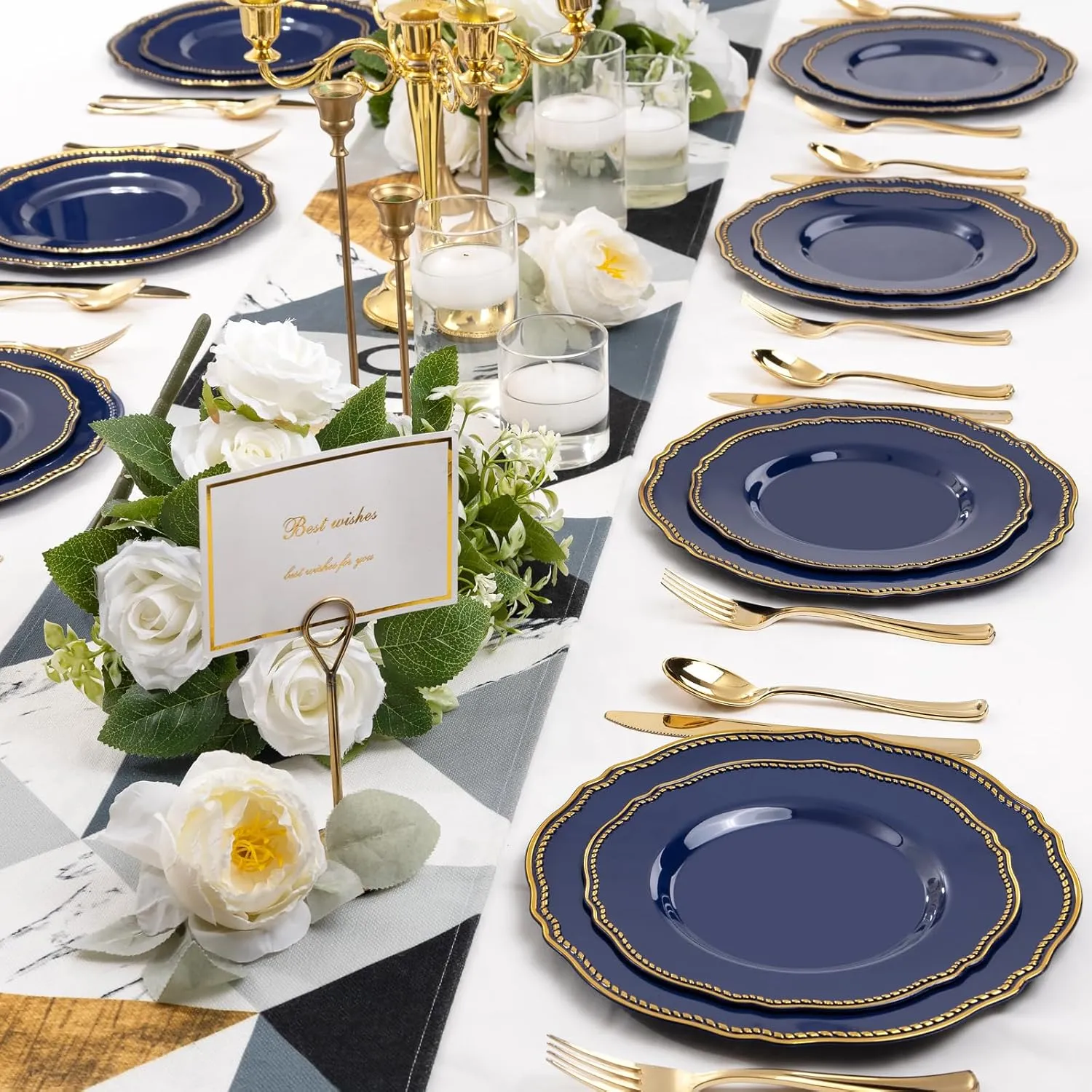 Hioasis 60pcs Blue plastic plates - Blue and Gold Disposable Plates, 10.25 inch Plastic Dessert Plates, Perfect for Wedding & Party & Holiday & Father's Day