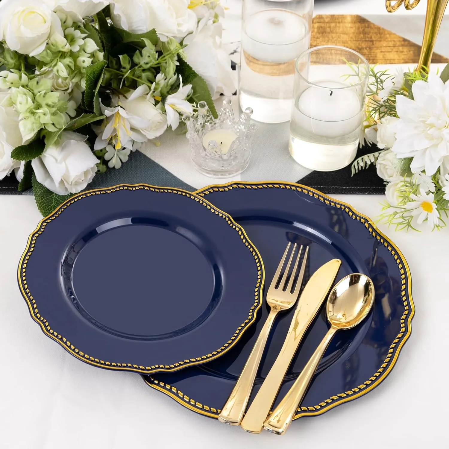 Hioasis 60pcs Blue plastic plates - Blue and Gold Disposable Plates, 10.25 inch Plastic Dessert Plates, Perfect for Wedding & Party & Holiday & Father's Day