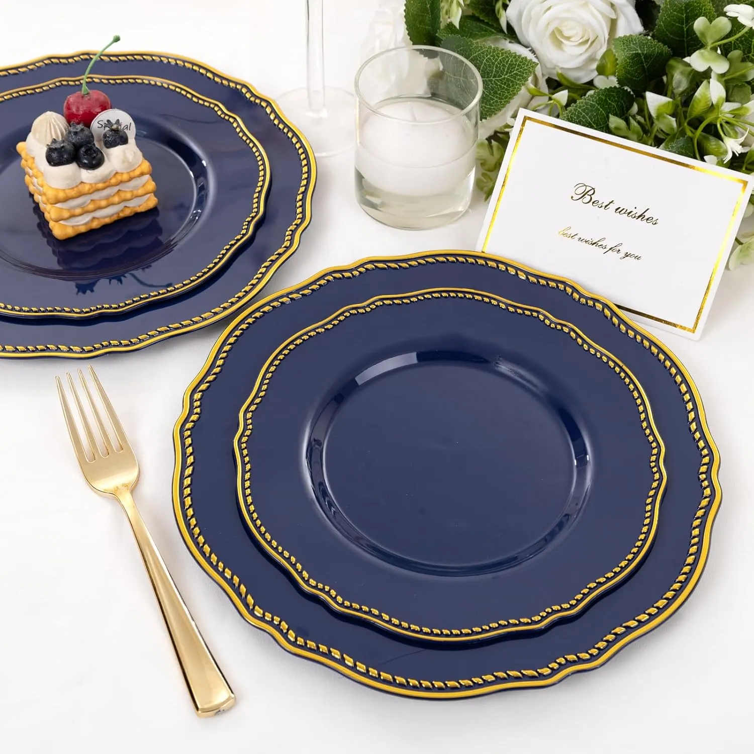 Hioasis 60pcs Blue plastic plates - Blue and Gold Disposable Plates, 10.25 inch Plastic Dessert Plates, Perfect for Wedding & Party & Holiday & Father's Day