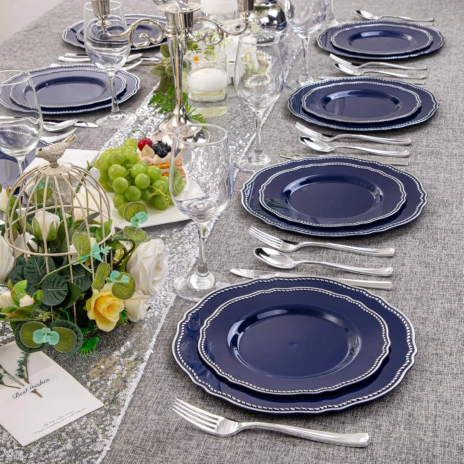 Hioasis 60pcs Blue plastic plates - Blue and Silver Disposable Plates, 10.25 inch Plastic Dinner Plates, Perfect for Wedding & Party & Holiday & Father's Day