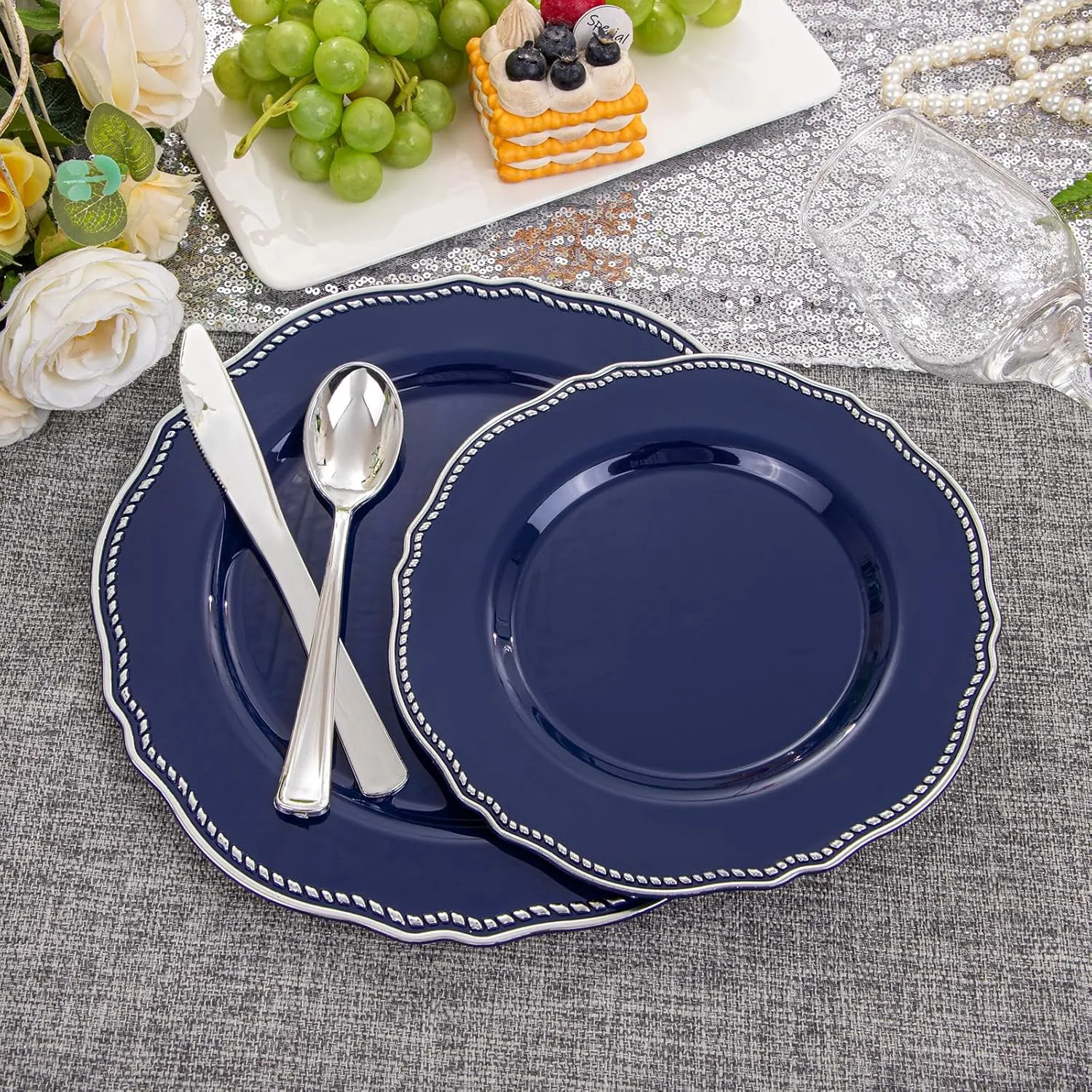 Hioasis 60pcs Blue plastic plates - Blue and Silver Disposable Plates, 10.25 inch Plastic Dinner Plates, Perfect for Wedding & Party & Holiday & Father's Day