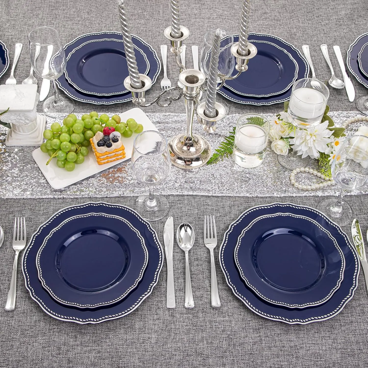 Hioasis 60pcs Blue plastic plates - Blue and Silver Disposable Plates, 10.25 inch Plastic Dinner Plates, Perfect for Wedding & Party & Holiday & Father's Day
