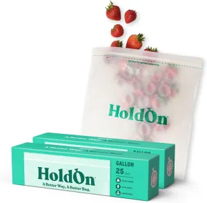 HoldOn Zipseal Gallon Bags - Compostable, PFOA-Free, BPA-Free, Food-Safe Zip Seal Food Storage Bags/Freezer-Safe Gallon Bags With Secure Seal for Home & Travel (2-pack, 50 bags total)