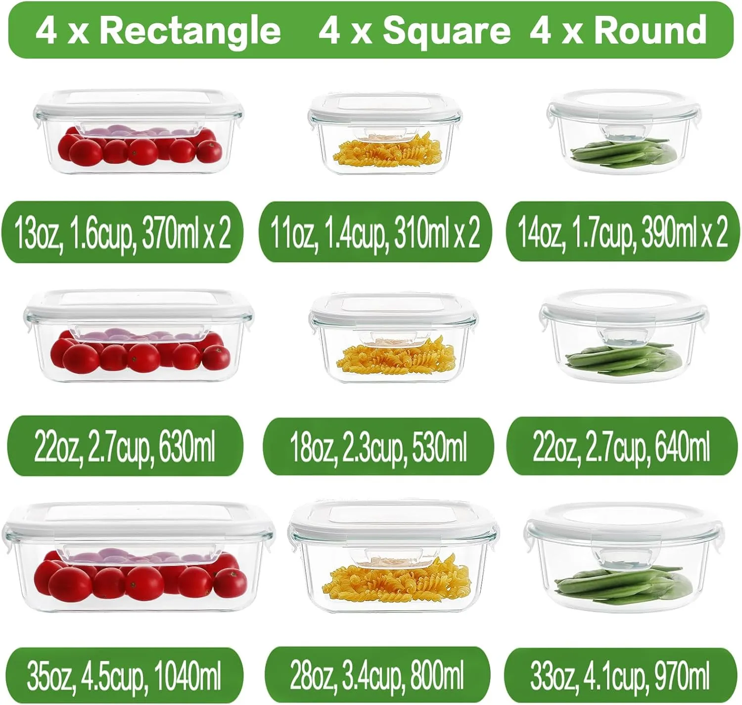 HOMBERKING 24pc Glass Food Storage Containers with Lids, Glass Meal Prep Containers, Airtight Glass Bento Boxes, BPA Free & Leak Proof, Pantry Kitchen Storage(12 lids & 12 Containers) - White