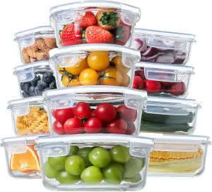 HOMBERKING 24pc Glass Food Storage Containers with Lids, Glass Meal Prep Containers, Airtight Glass Bento Boxes, BPA Free & Leak Proof, Pantry Kitchen Storage(12 lids & 12 Containers) - White