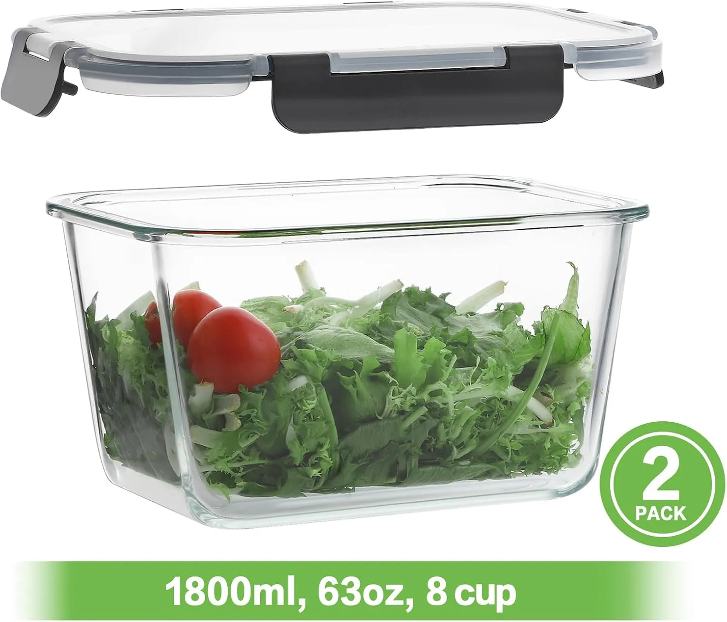 HOMBERKING 4 Pieces 63oz/8cup Large Glass Food Storage Containers with Lids, Meal Prep Containers, Airtight Bento Boxes with Leak Proof Locking (2 Containers   2 Lids) - Microwave, Oven Safe
