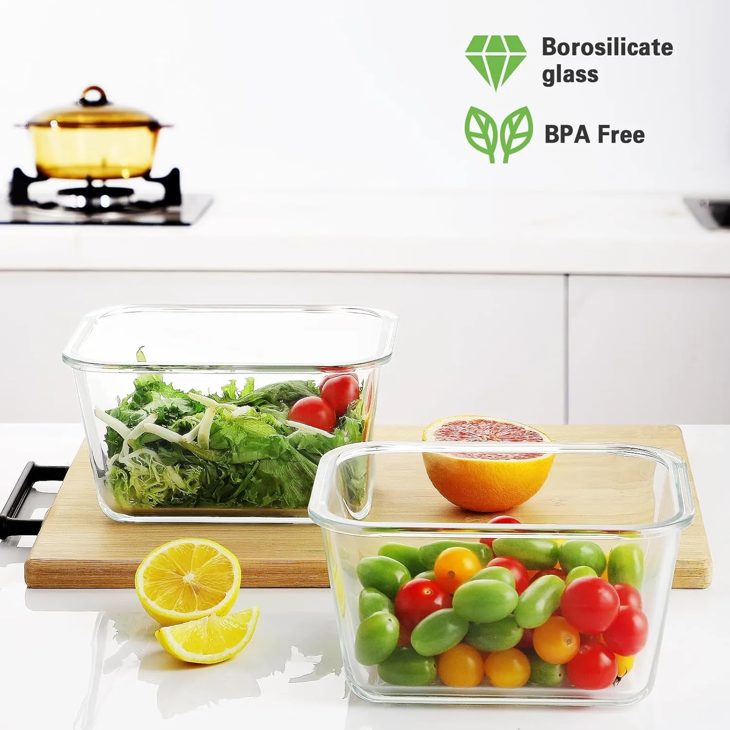 HOMBERKING 4 Pieces 63oz/8cup Large Glass Food Storage Containers with Lids, Meal Prep Containers, Airtight Bento Boxes with Leak Proof Locking (2 Containers   2 Lids) - Microwave, Oven Safe