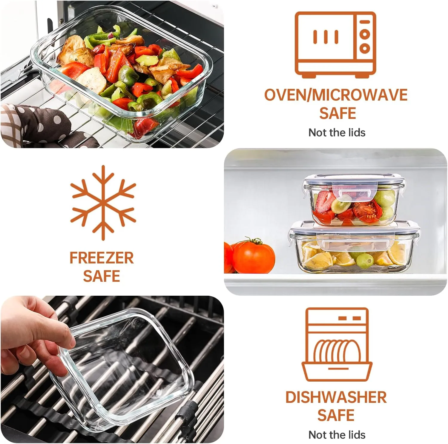 HOMBERKING 8 Pack Glass Food Storage Containers with Lids, Meal Prep Containers, Airtight Bento Boxes with Leak Proof Locking for Microwave, Oven, Freezer and Dishwasher, BPA Free, 5-35oz
