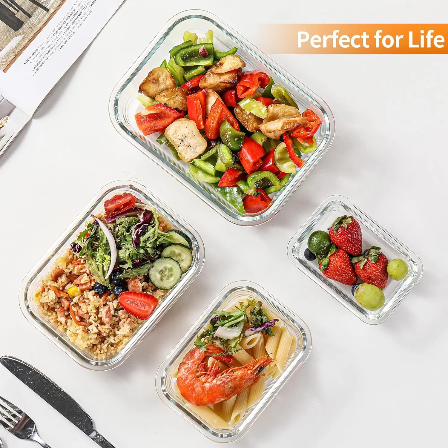HOMBERKING 8 Pack Glass Food Storage Containers with Lids, Meal Prep Containers, Airtight Bento Boxes with Leak Proof Locking for Microwave, Oven, Freezer and Dishwasher, BPA Free, 5-35oz