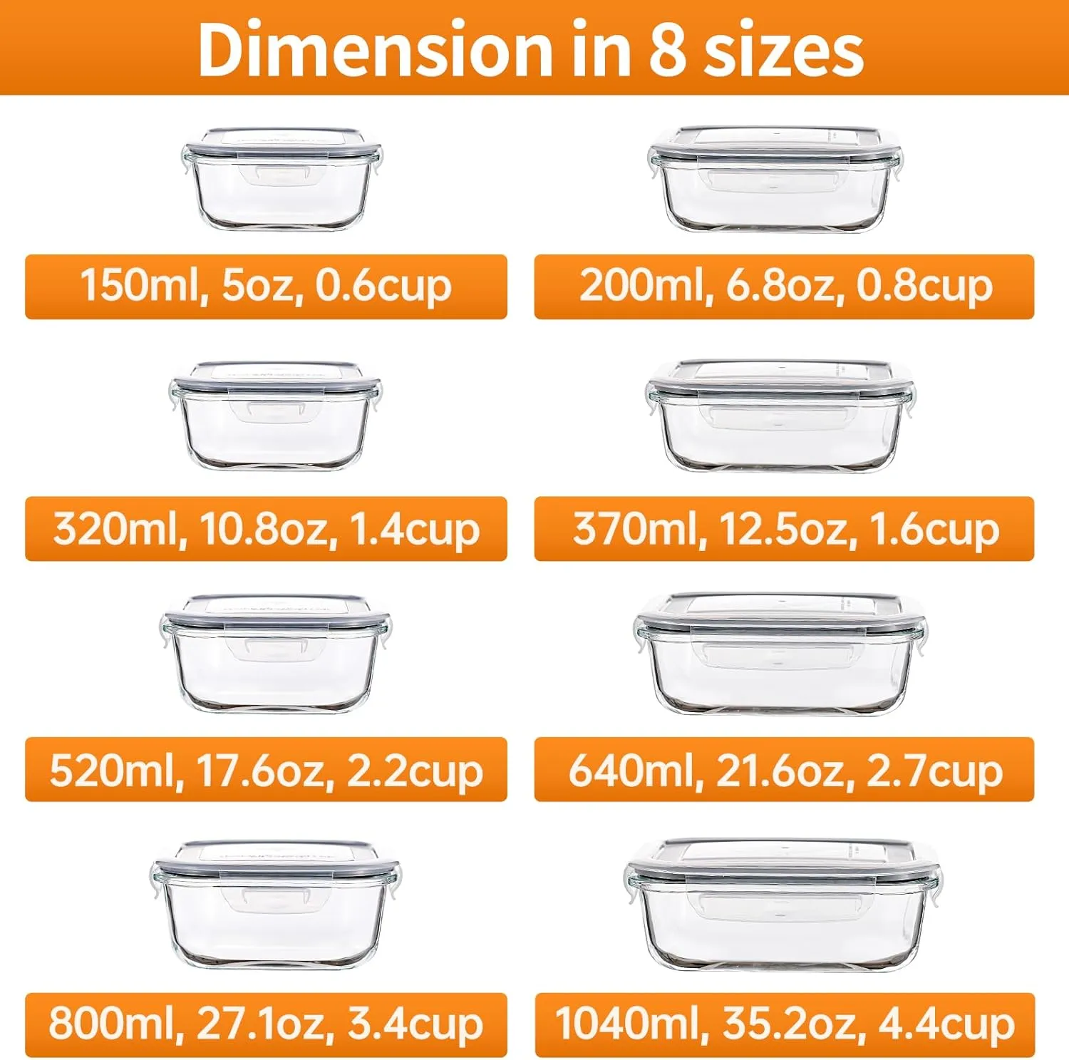 HOMBERKING 8 Pack Glass Food Storage Containers with Lids, Meal Prep Containers, Airtight Bento Boxes with Leak Proof Locking for Microwave, Oven, Freezer and Dishwasher, BPA Free, 5-35oz