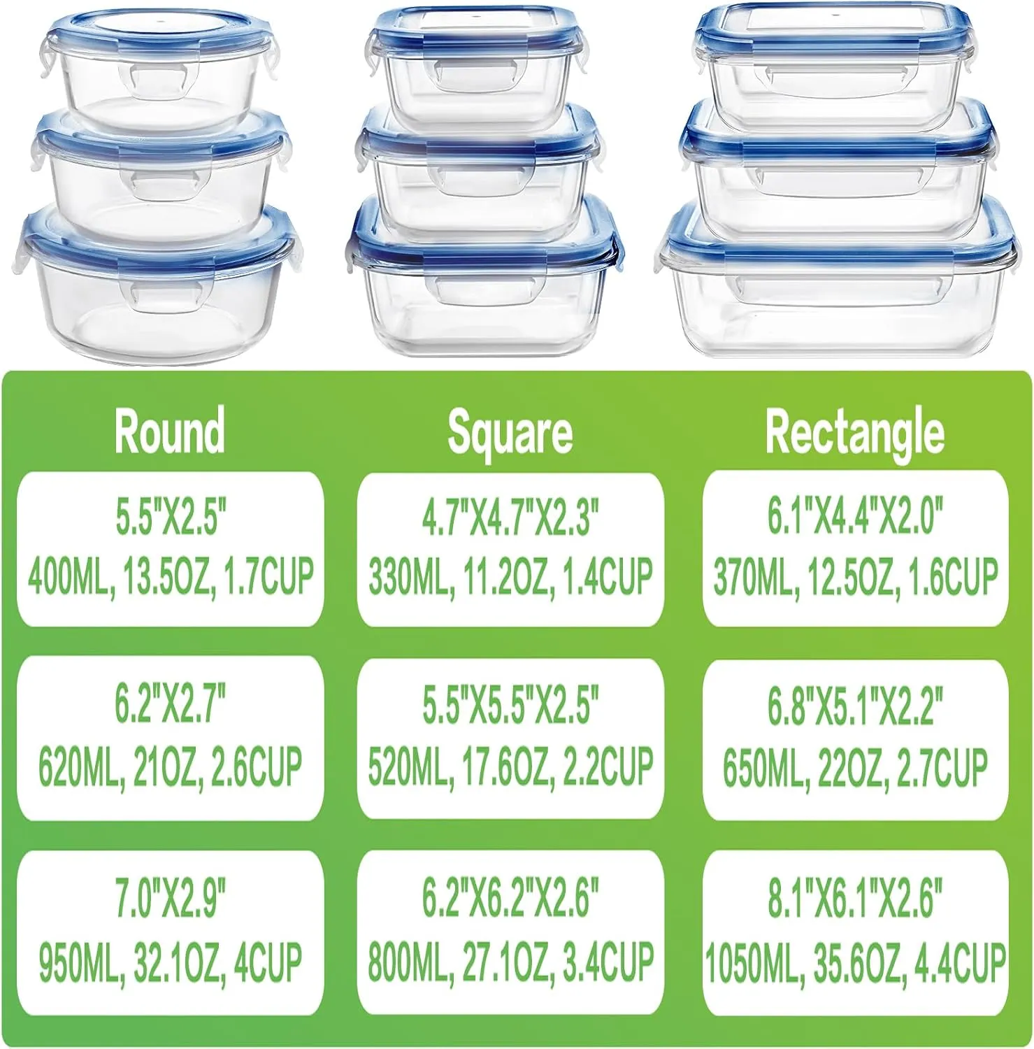 HOMBERKING Glass Food Storage Containers with Lids, [18 Piece] Glass Meal Prep Containers, Airtight Glass Lunch Bento Boxes, BPA-Free & Leak Proof (9 lids & 9 Containers) - Deep Blue