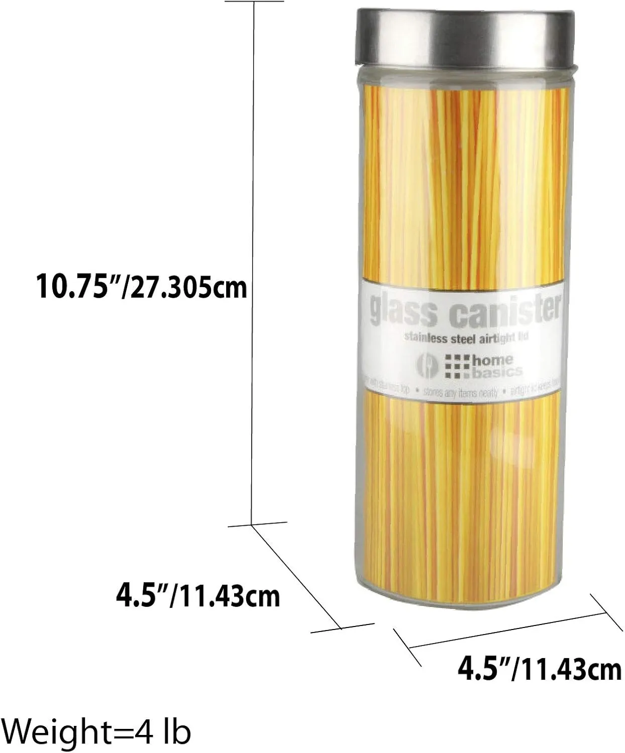 Home Basics Tall Glass Canister with Lid (Clear) | Glass Food Storage Canister for Dry Pasta, Flour, Trail Mix, and Candy | Kitchen Glass Containers
