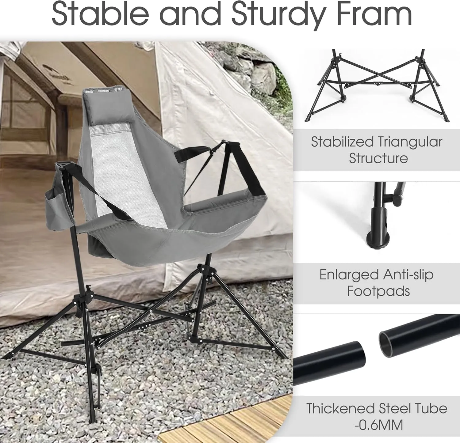 HOMEFUN Hammock Camping Chair - Portable Swinging Chairs for Adults with Stand and Storage Bag, Oversized Folding Rocking for Lawn Camp Fishing Hiking, Gray