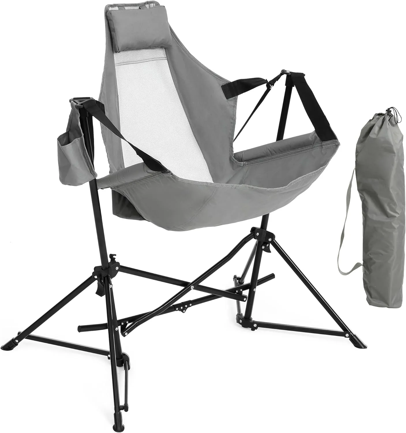 HOMEFUN Hammock Camping Chair - Portable Swinging Chairs for Adults with Stand and Storage Bag, Oversized Folding Rocking for Lawn Camp Fishing Hiking, Gray