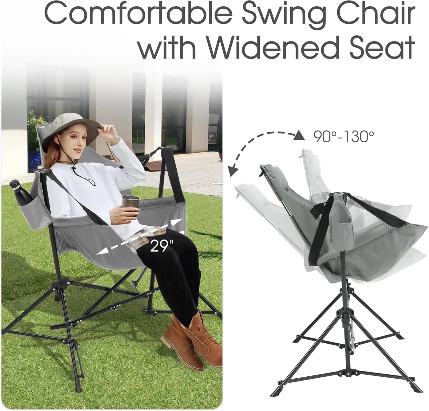HOMEFUN Hammock Camping Chair - Portable Swinging Chairs for Adults with Stand and Storage Bag, Oversized Folding Rocking for Lawn Camp Fishing Hiking, Gray