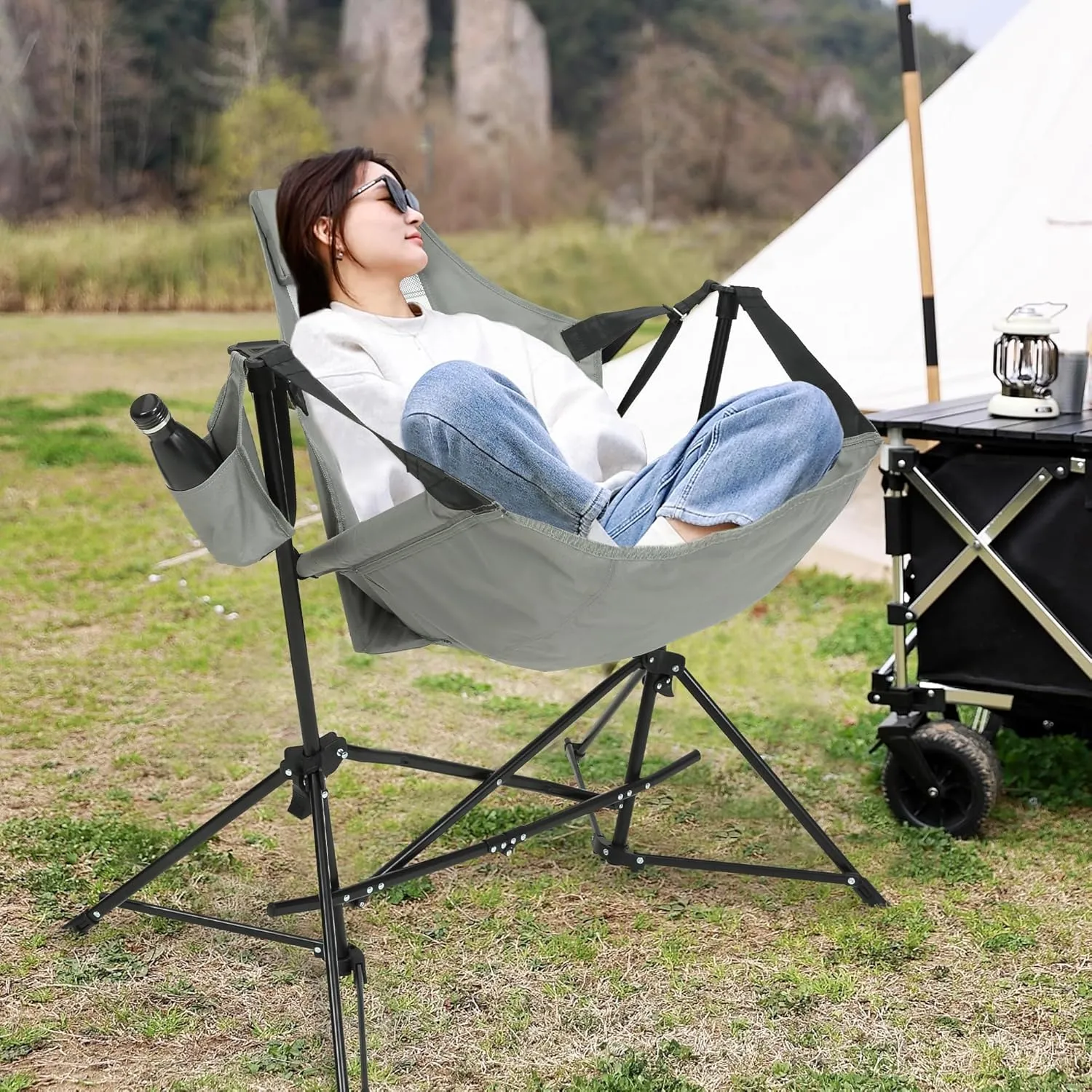 HOMEFUN Hammock Camping Chair - Portable Swinging Chairs for Adults with Stand and Storage Bag, Oversized Folding Rocking for Lawn Camp Fishing Hiking, Gray