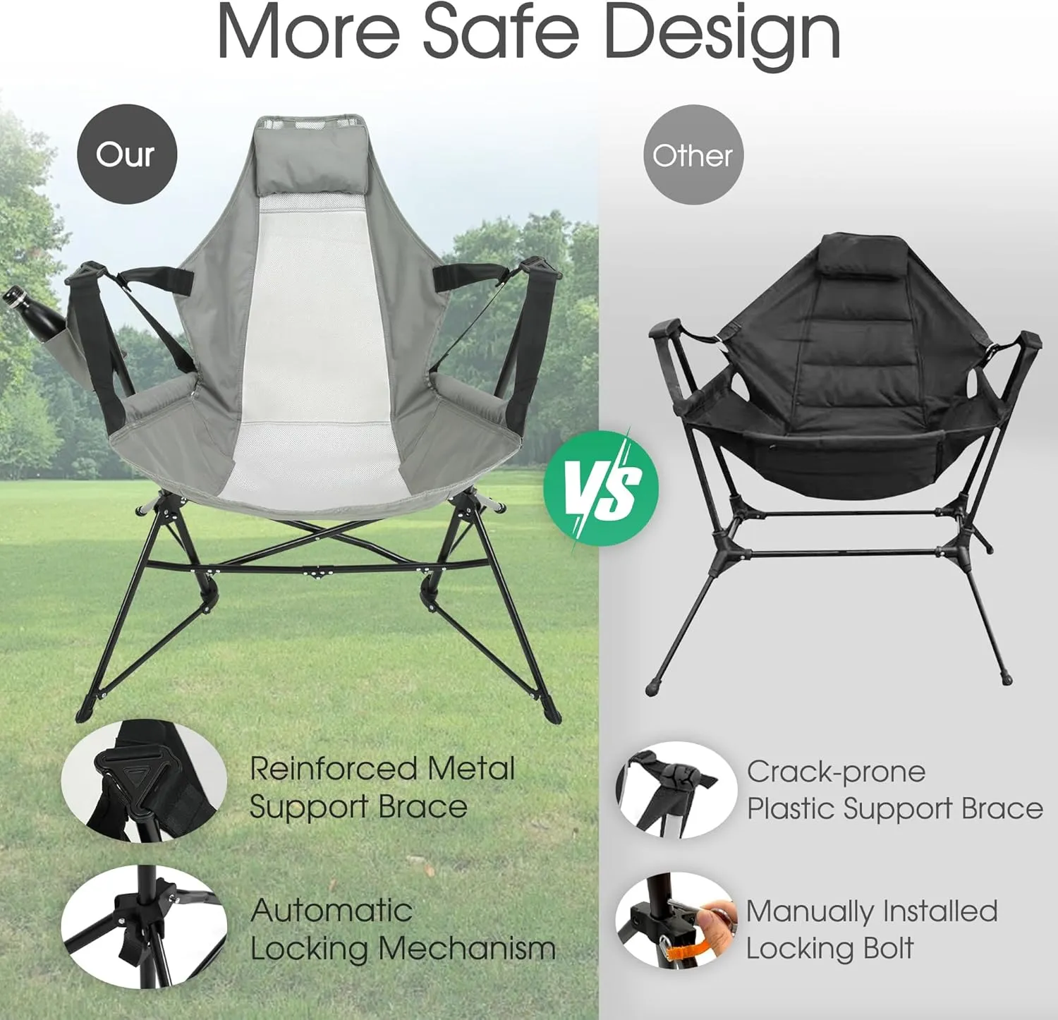 HOMEFUN Hammock Camping Chair - Portable Swinging Chairs for Adults with Stand and Storage Bag, Oversized Folding Rocking for Lawn Camp Fishing Hiking, Gray