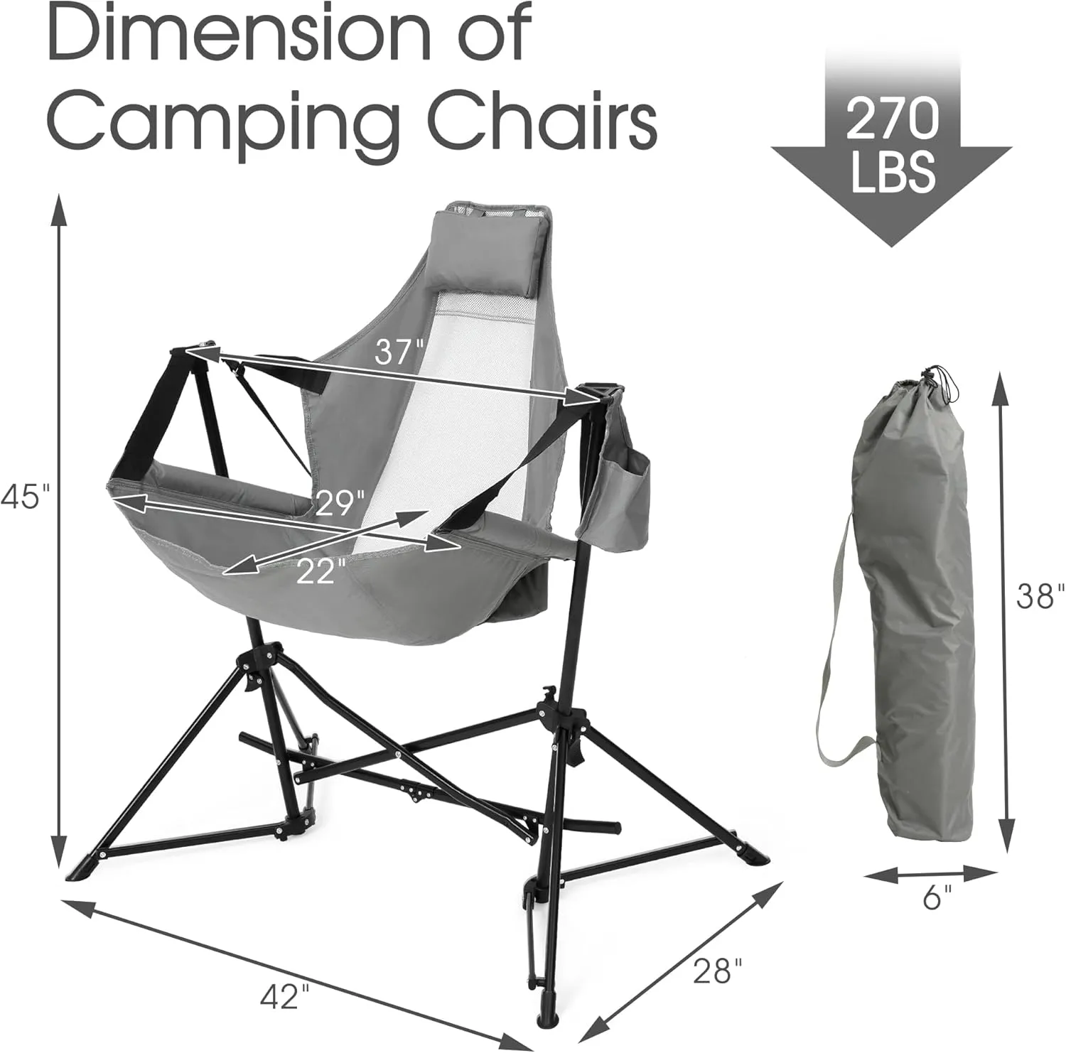HOMEFUN Hammock Camping Chair - Portable Swinging Chairs for Adults with Stand and Storage Bag, Oversized Folding Rocking for Lawn Camp Fishing Hiking, Gray