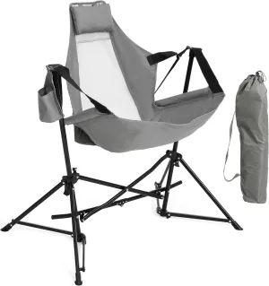 HOMEFUN Hammock Camping Chair - Portable Swinging Chairs for Adults with Stand and Storage Bag, Oversized Folding Rocking for Lawn Camp Fishing Hiking, Gray