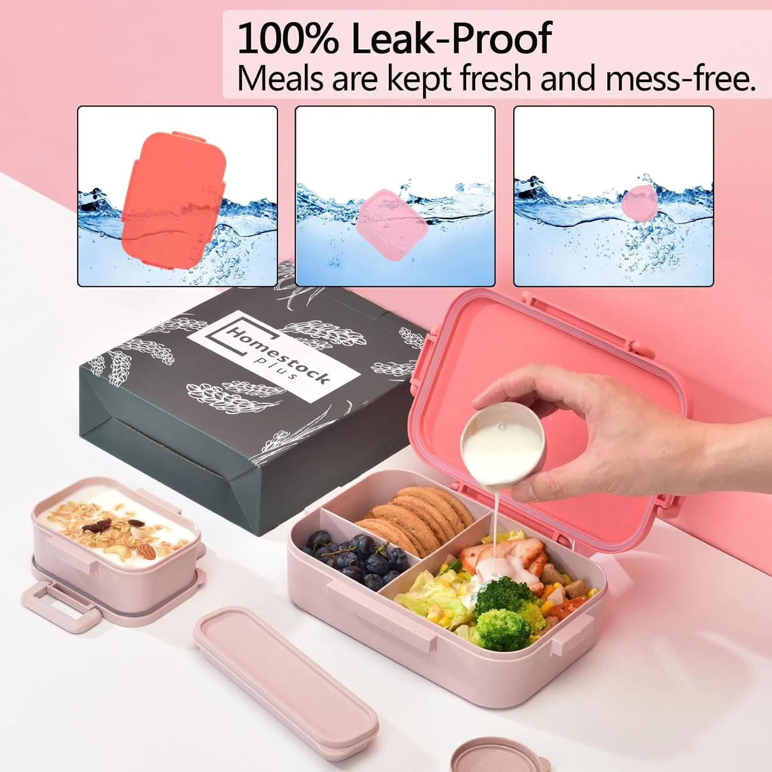 Homestockplus 1200ML Bento Box With Spoon & Fork, Wheat Straw Lunch Container for School, Office & Travel, BPA-Free Lunch Box, Lightweight and Easy Open On-the-Go Food Container for over 8 years old