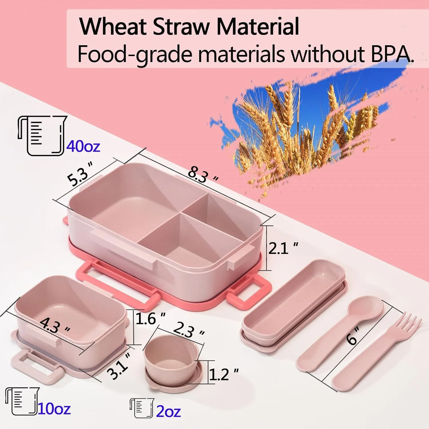 Homestockplus 1200ML Bento Box With Spoon & Fork, Wheat Straw Lunch Container for School, Office & Travel, BPA-Free Lunch Box, Lightweight and Easy Open On-the-Go Food Container for over 8 years old