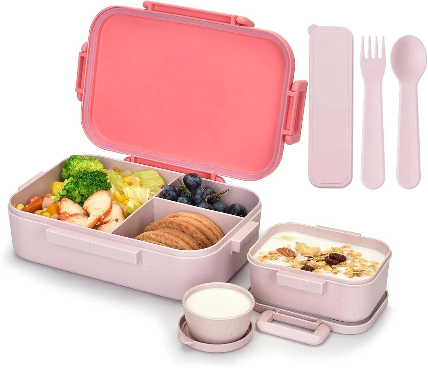 Homestockplus 1200ML Bento Box With Spoon & Fork, Wheat Straw Lunch Container for School, Office & Travel, BPA-Free Lunch Box, Lightweight and Easy Open On-the-Go Food Container for over 8 years old