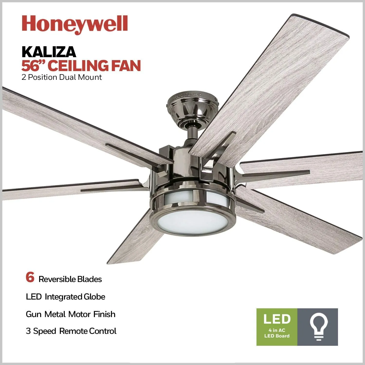 Honeywell Ceiling Fans Kaliza Modern 56 Inch Ceiling Fan with Light, Remote Control Fan, LED Indoor Fan with 6 Blades, Gray Oak and Burnt Oak Blade Finish Options, Gun Metal (51035-01)