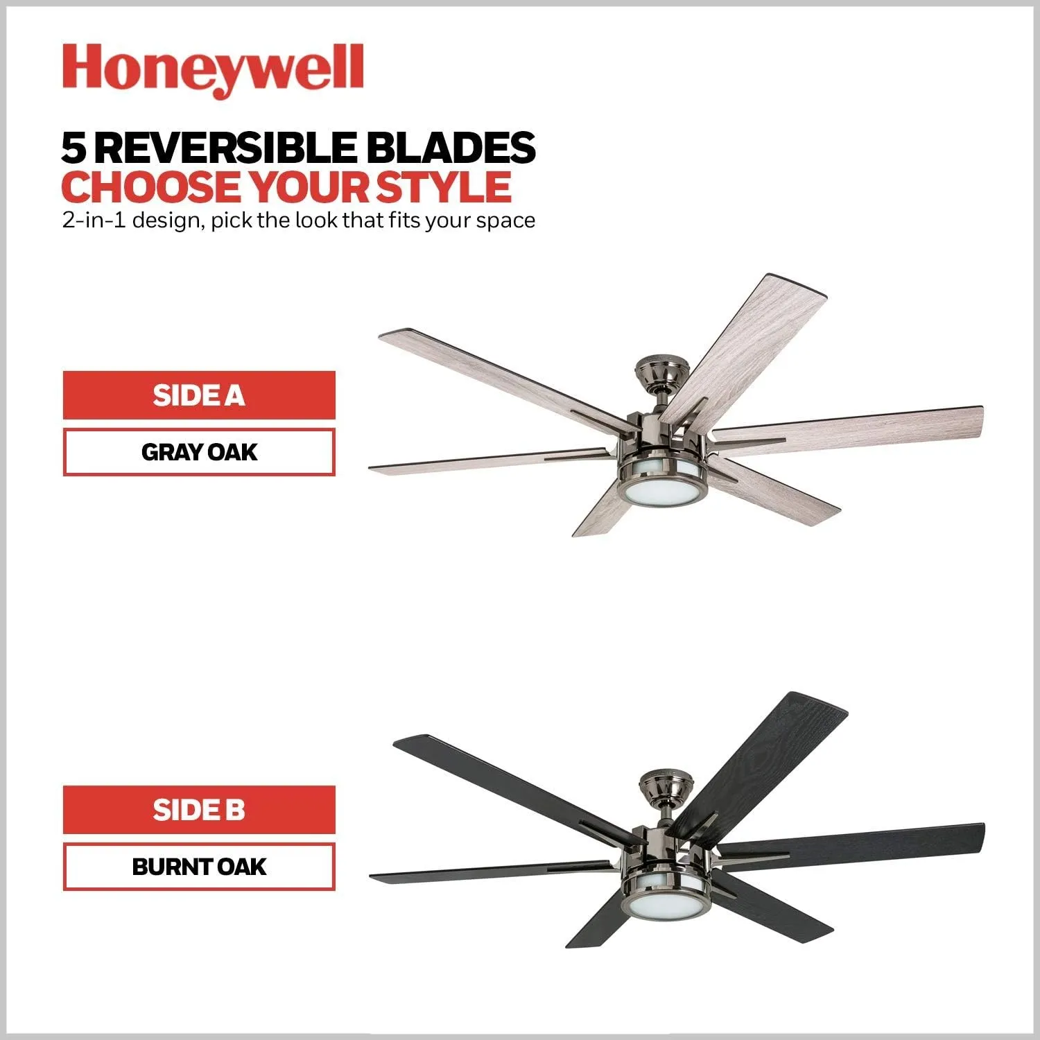 Honeywell Ceiling Fans Kaliza Modern 56 Inch Ceiling Fan with Light, Remote Control Fan, LED Indoor Fan with 6 Blades, Gray Oak and Burnt Oak Blade Finish Options, Gun Metal (51035-01)