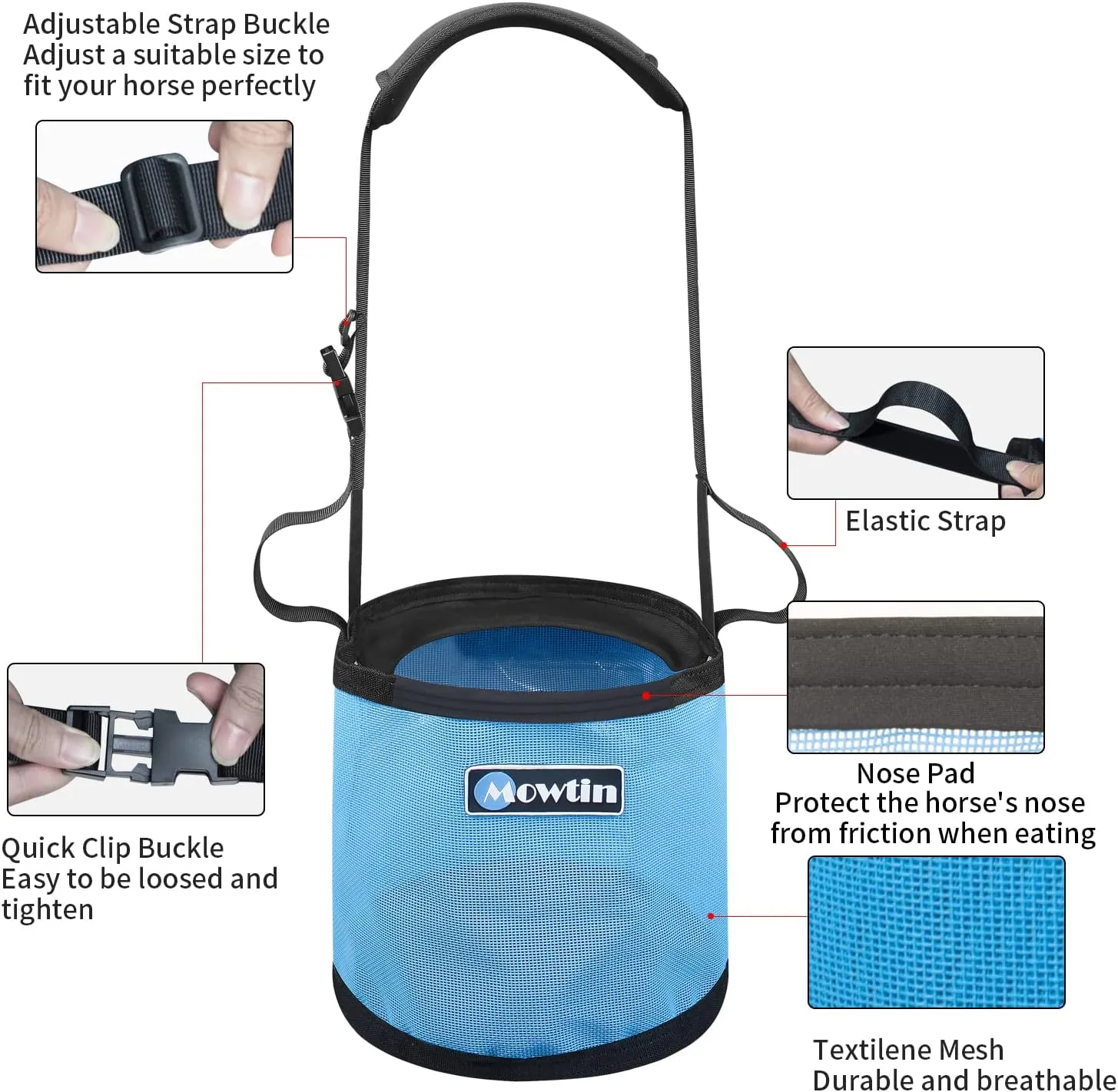 Horse Feed Bag Heavy Duty Textilene Mesh Feed Rite Bag with Adjustable Strap and Comfortable Neck Pad,Reinforced Bottom Stitching,Quick Clip Buckle and Spill-Proof Grain Feed Bag (S, Blue)