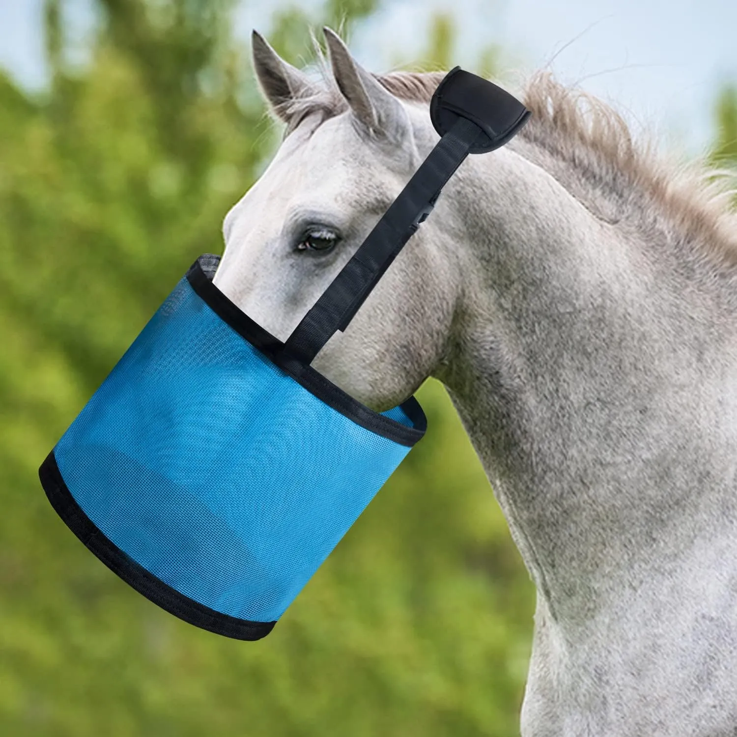 Horse Feed Bag Heavy Duty Textilene Mesh Feed Rite Bag with Adjustable Strap and Comfortable Neck Pad,Reinforced Bottom Stitching,Quick Clip Buckle and Spill-Proof Grain Feed Bag (S, Blue)
