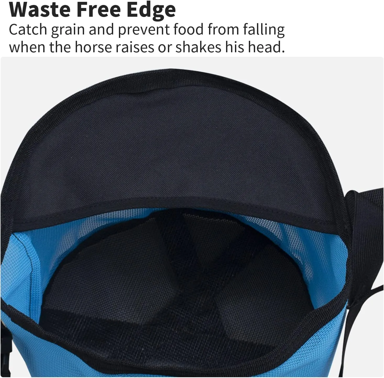 Horse Feed Bag Heavy Duty Textilene Mesh Feed Rite Bag with Adjustable Strap and Comfortable Neck Pad,Reinforced Bottom Stitching,Quick Clip Buckle and Spill-Proof Grain Feed Bag (S, Blue)